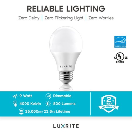 Luxrite A19 LED Light Bulbs 9W (60W Equivalent) 800LM 4000K Cool White Dimmable E26 Base 24-Pack LR21422-24PK